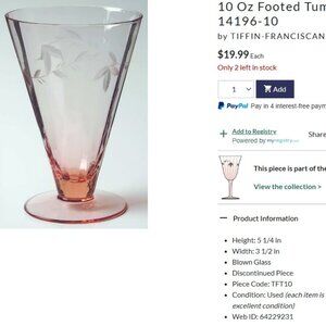 Tiffin-Franciscan 10 Oz Footed Tumbler SET of 6 VTG Pink Etched Floral Glassware